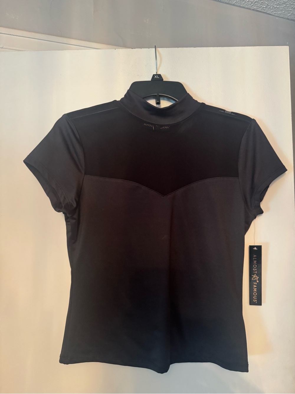 Almost Famous Black Short Sleeve Mock Neck Panel Top